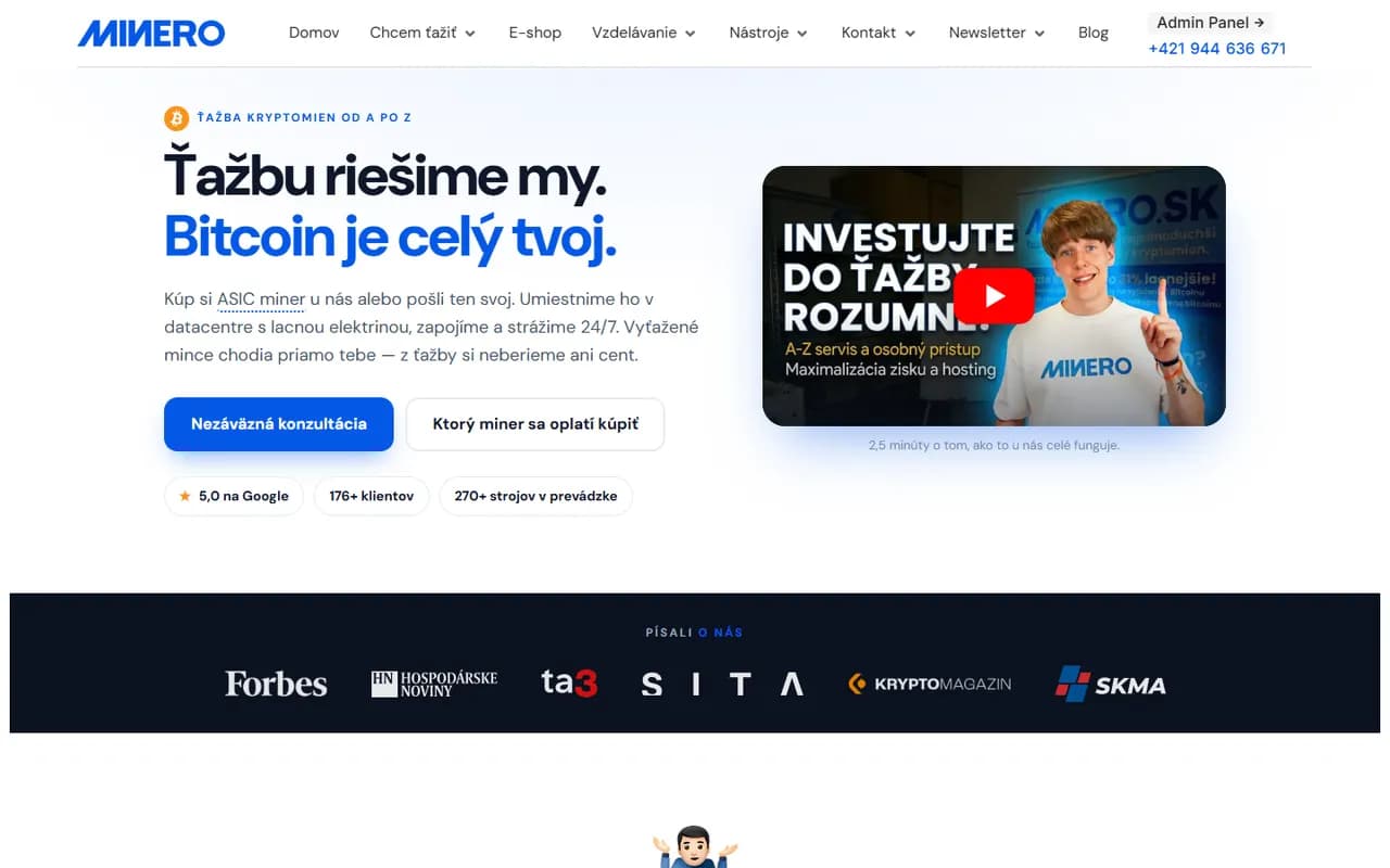 Minero – web krypto ťažby