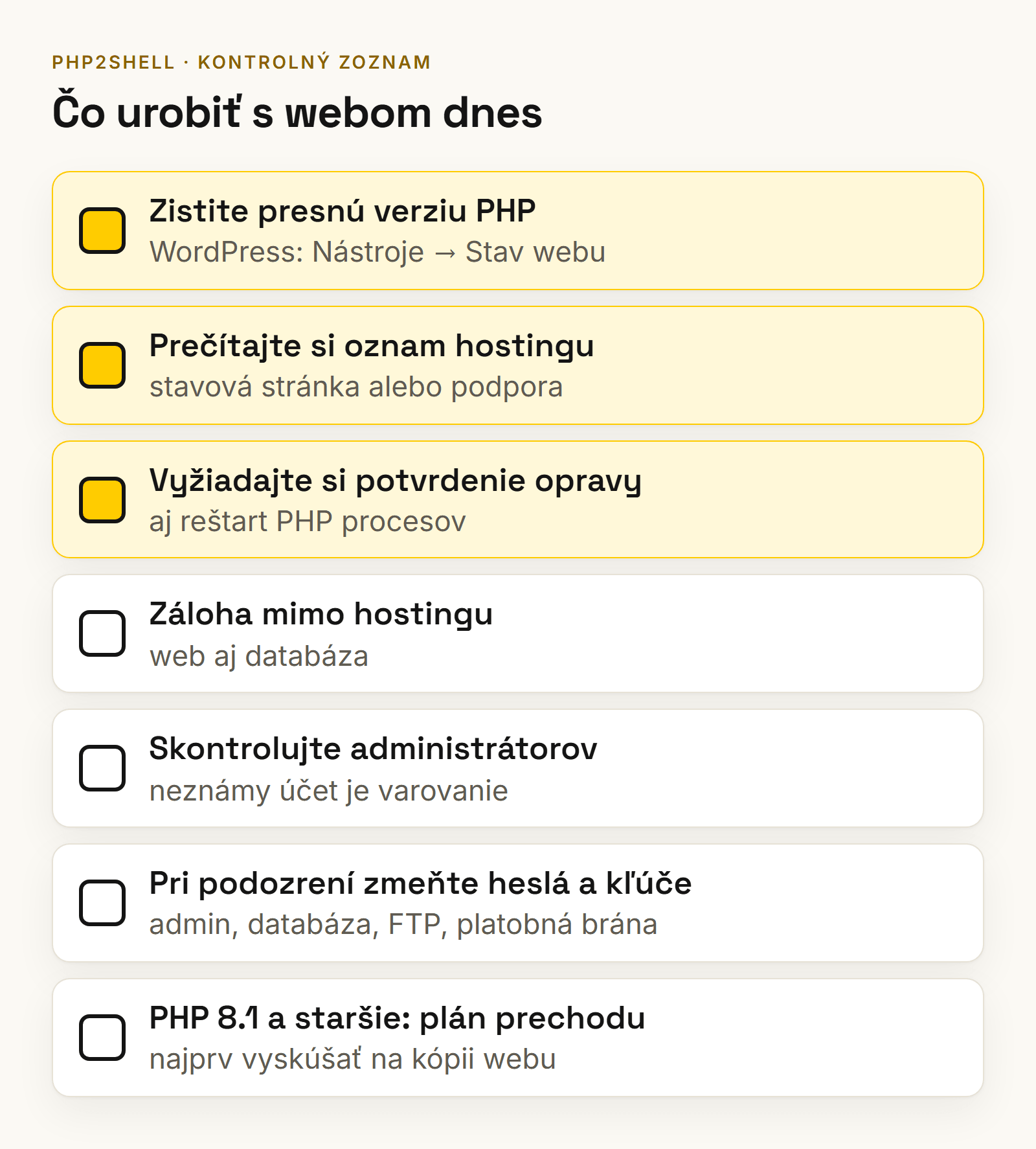 Kontrolný zoznam na dnes pri zraniteľnosti PHP2Shell: verzia PHP, hosting, zálohy, heslá, logy