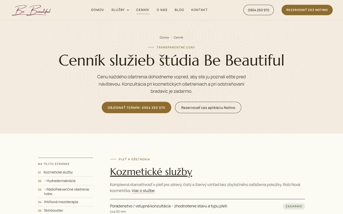 Nový web Be Beautiful: cenník služieb