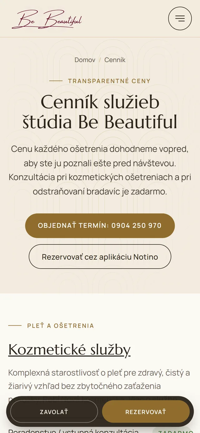 Nový web Be Beautiful: cenník v mobile