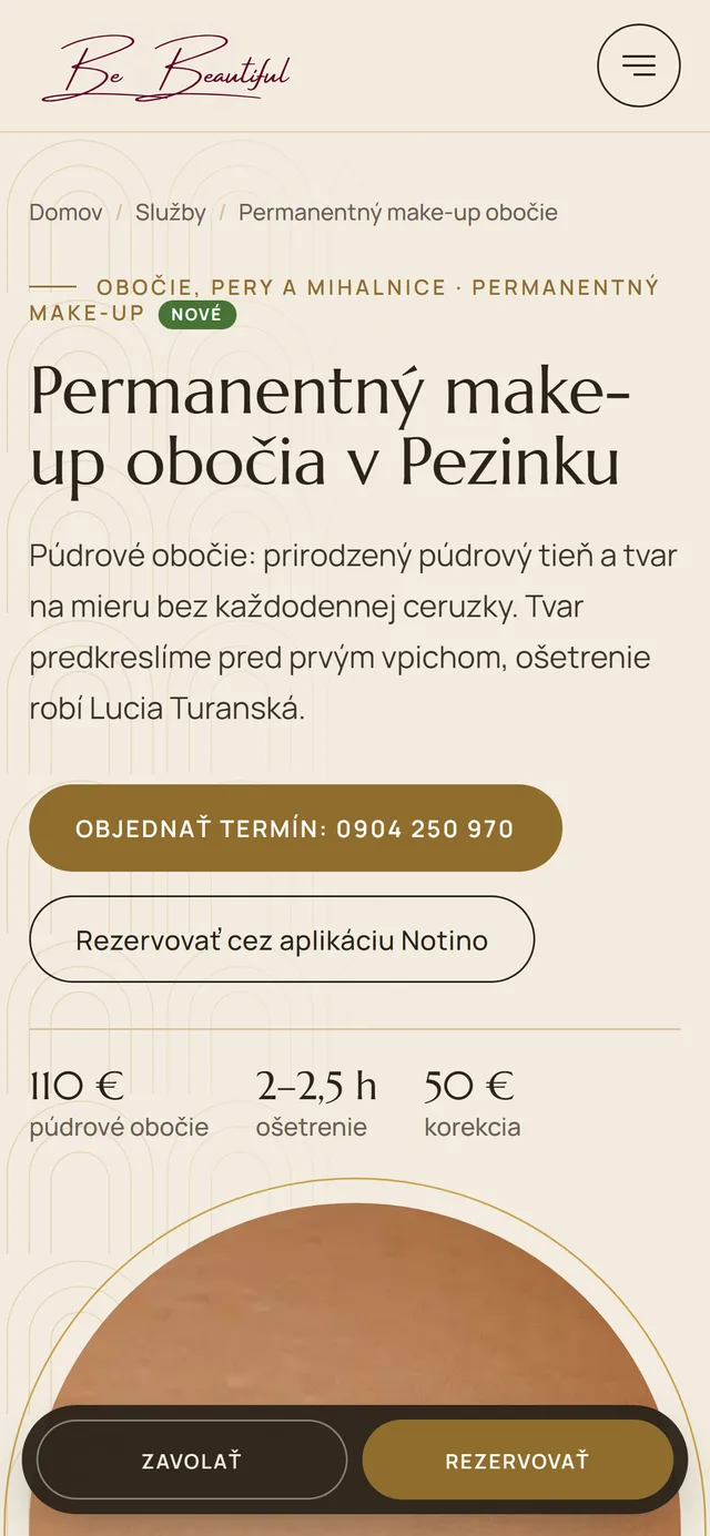 Nový web Be Beautiful: stránka služby permanentný make-up obočia v mobile
