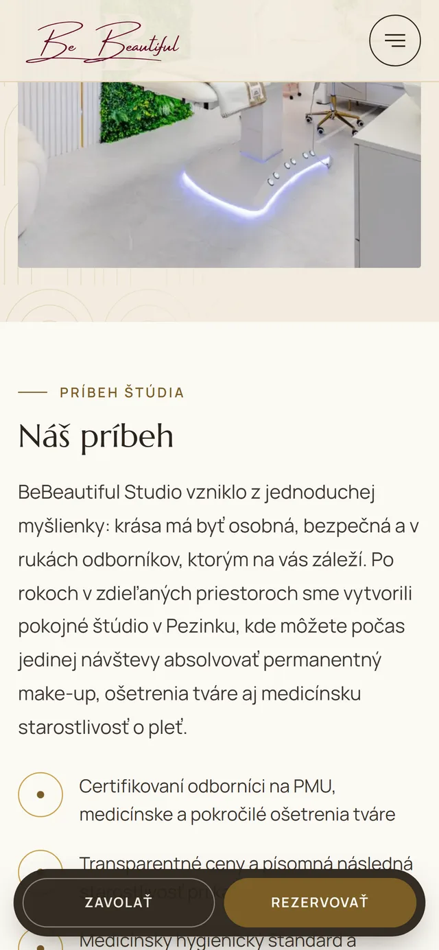 Nový web Be Beautiful: stránka O nás s fotkou priestorov štúdia v mobile