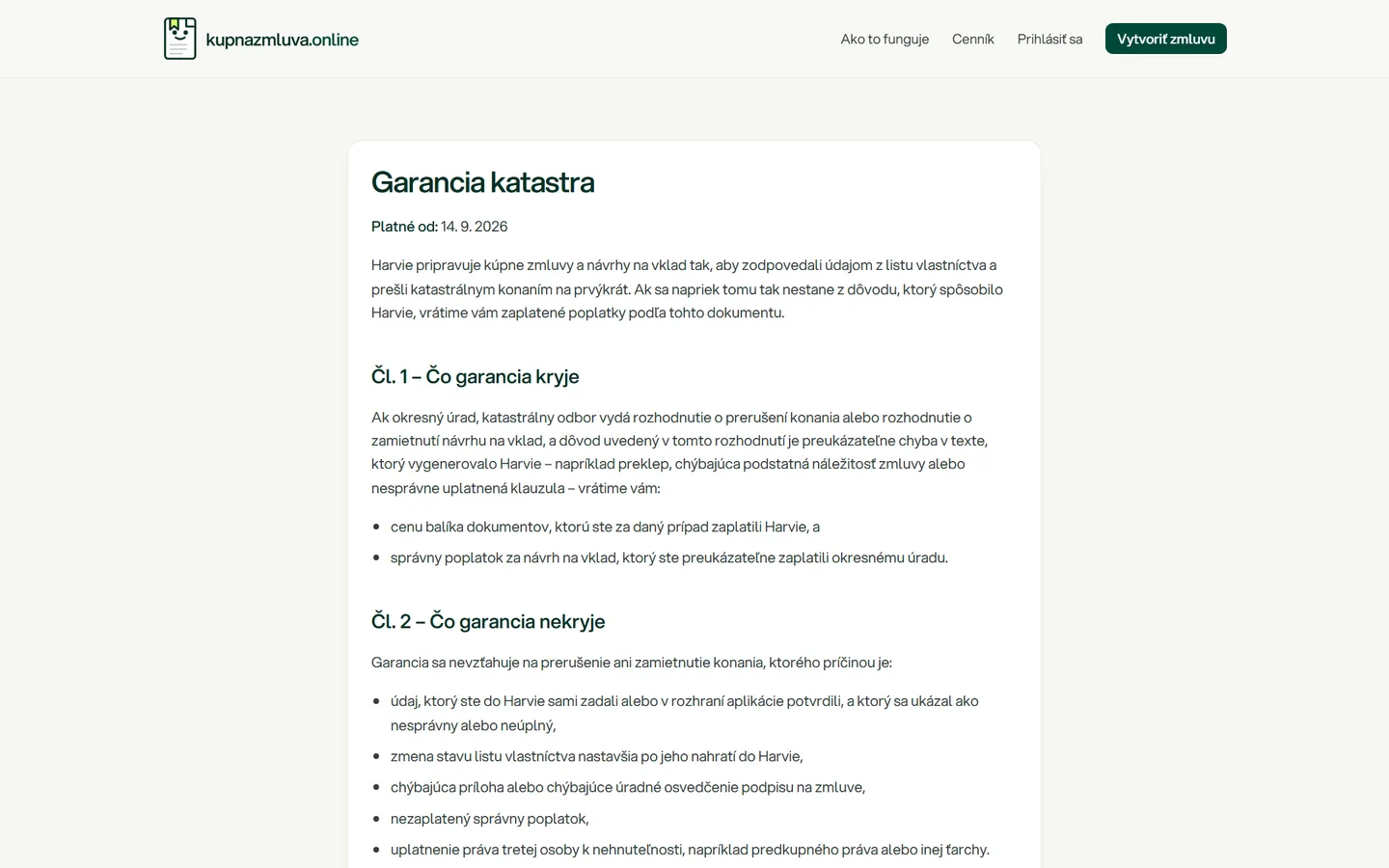 Stránka Garancia katastra