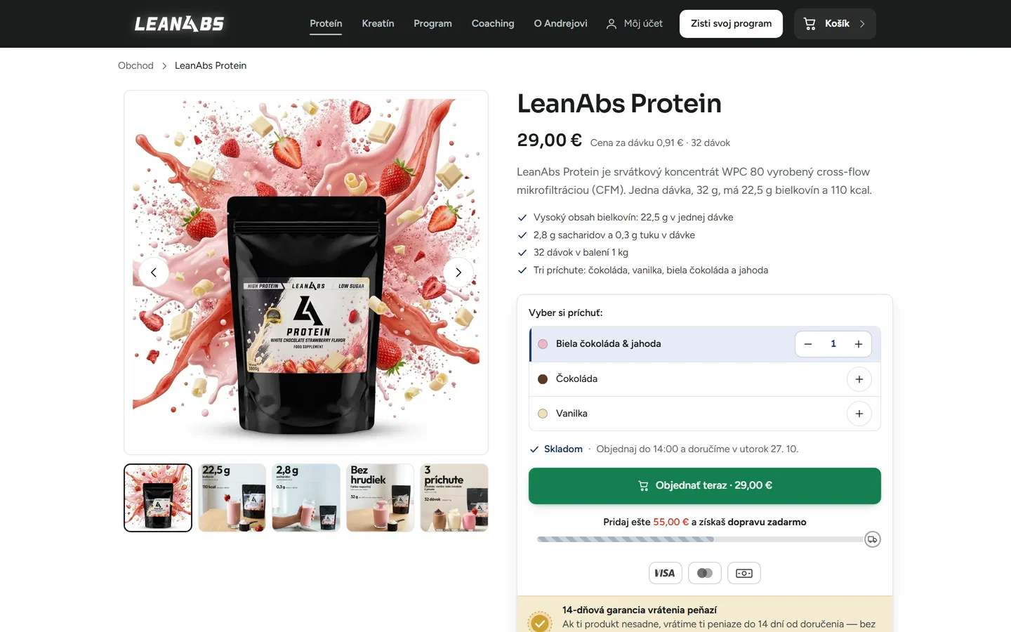 LeanAbs: produktová stránka s výberom príchute a lištou dopravy zdarma