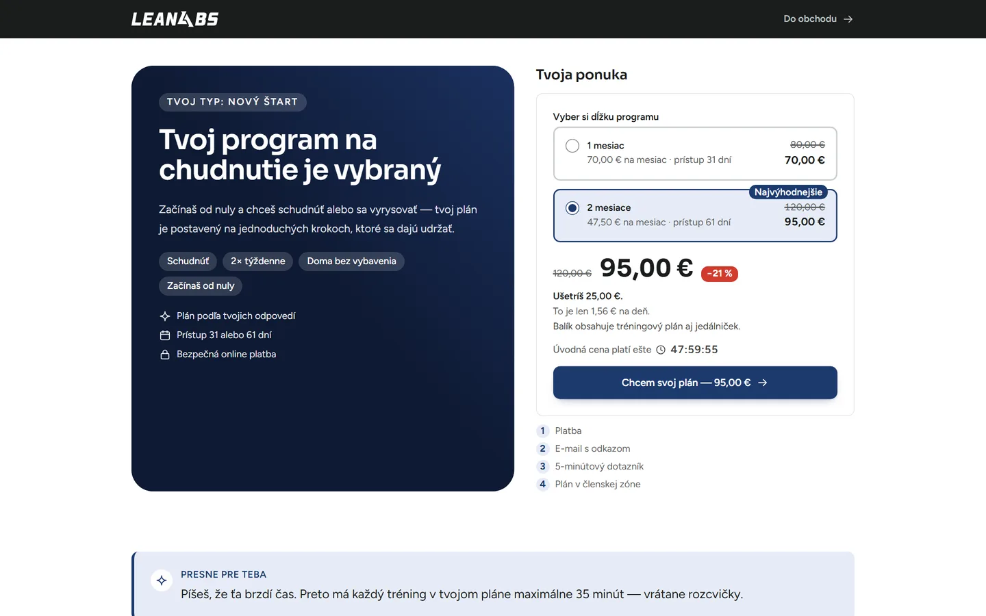 LeanAbs: výsledok kvízu s typom Nový štart, plánom na 1 alebo 2 mesiace a odpočtom 48 hodín