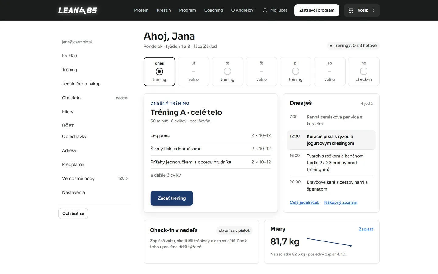 LeanAbs: klientska zóna s ukážkovým plánom, dnešný tréning, jedlá dňa a check-in