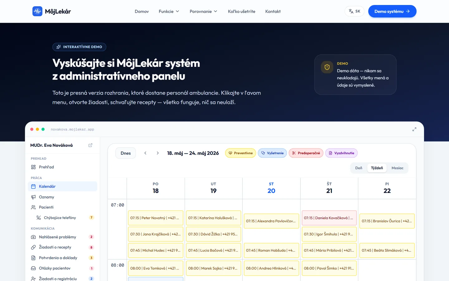 Živé demo administrácie MôjLekár: kalendár ambulancie